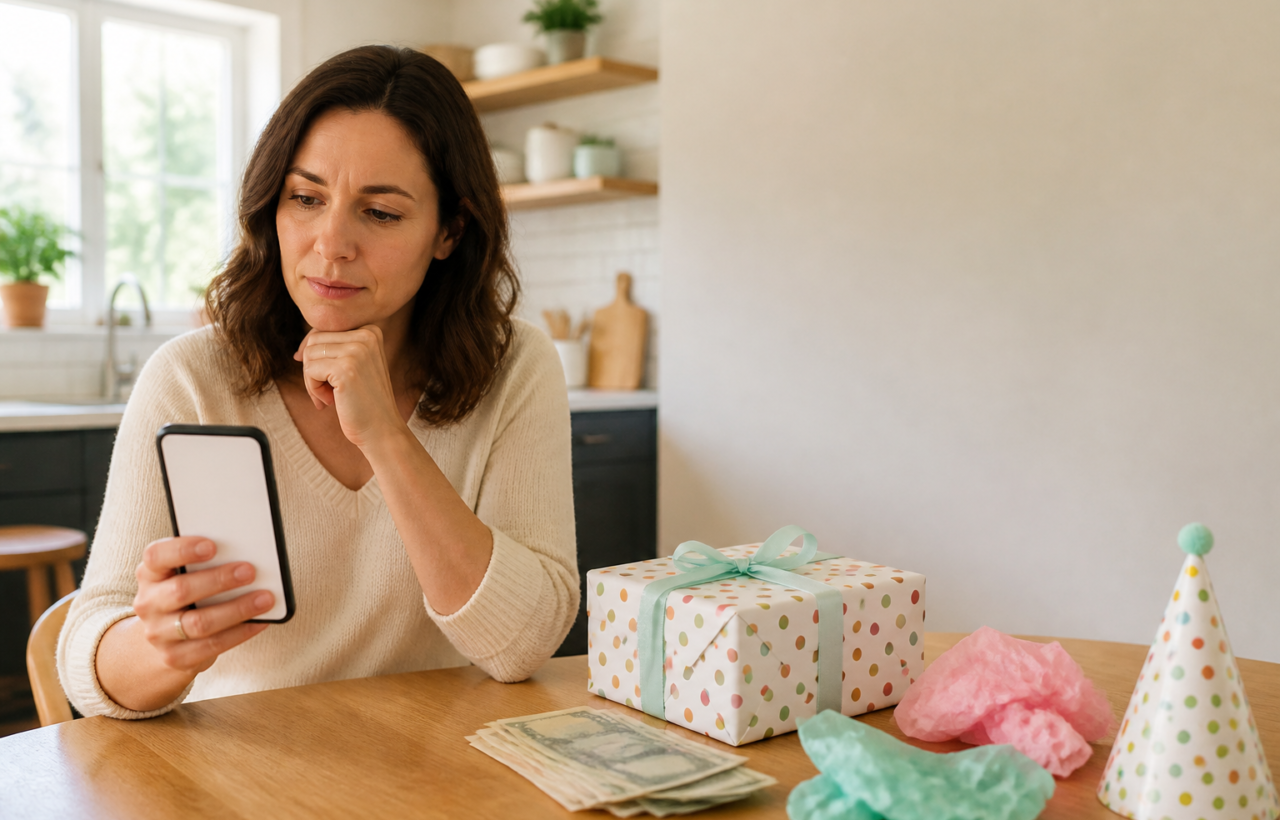 A parent looks thoughtfully at a smartphone beside a wrapped birthday gift, party hat, and paper money on a kitchen table.