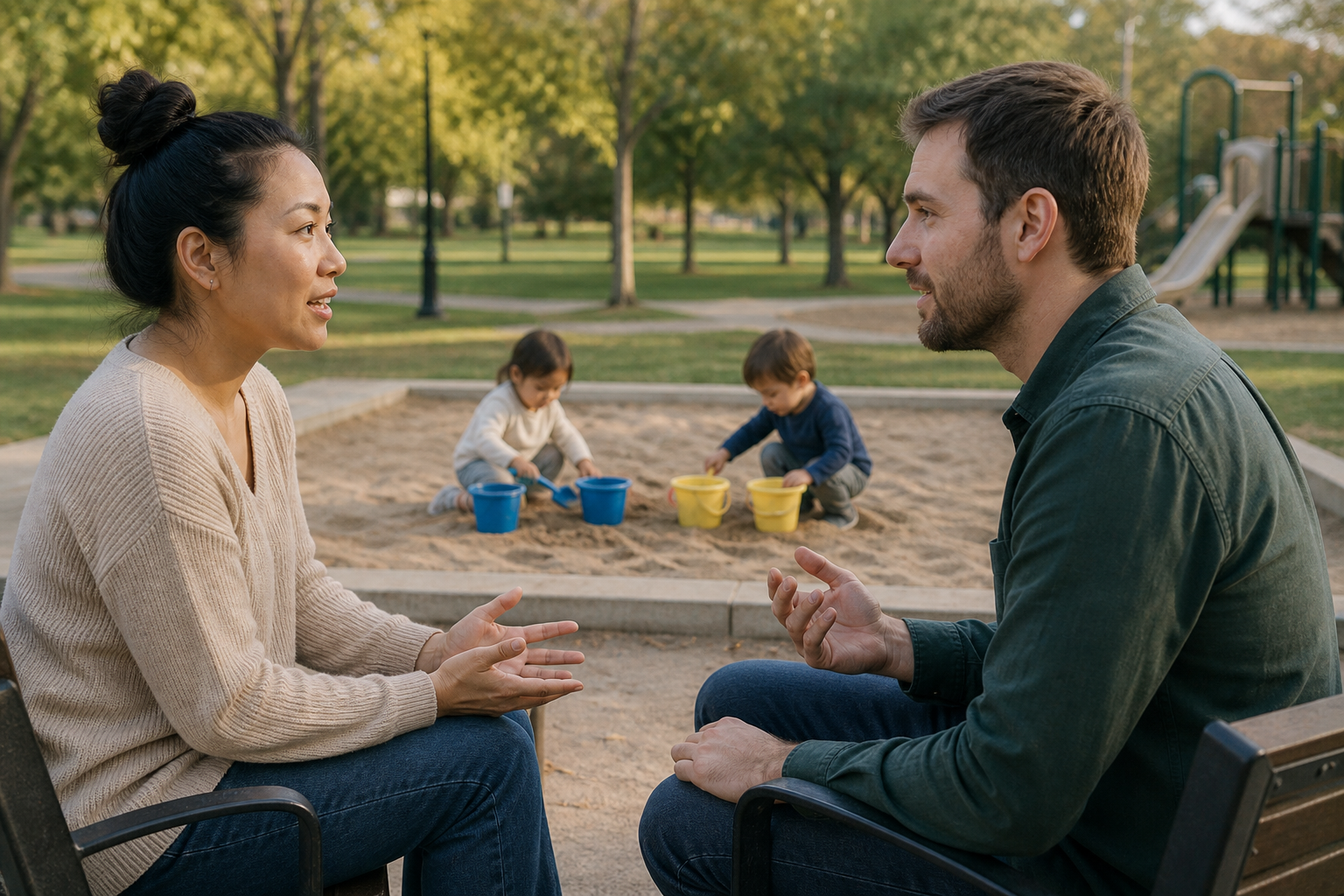 Two parents talk calmly on a park bench while their toddlers play with separate toys in a nearby sandbox.