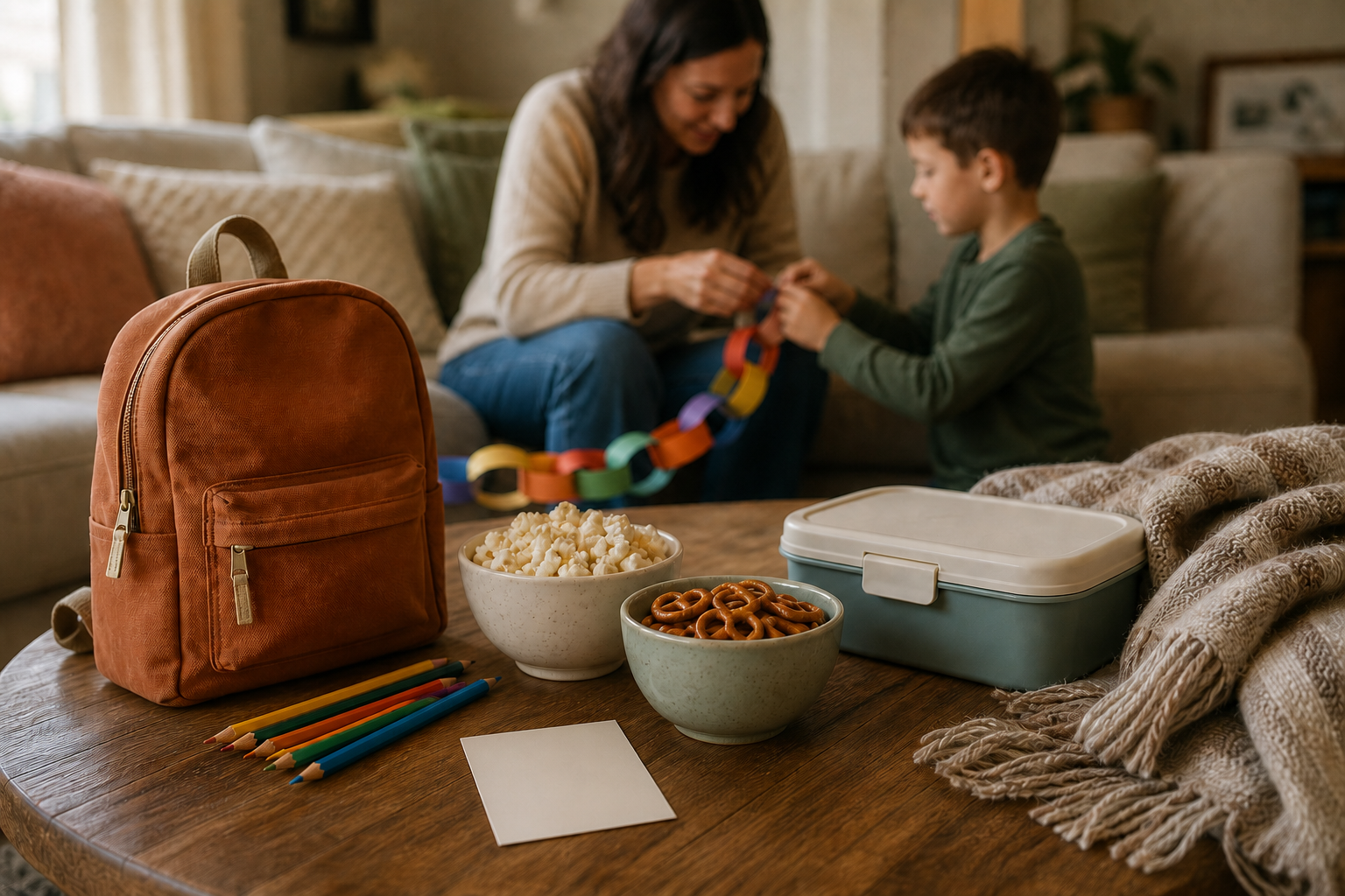 A backpack, colored pencils, lunchbox, snack bowls, and blanket are arranged for a family back-to-school movie-night tradition.