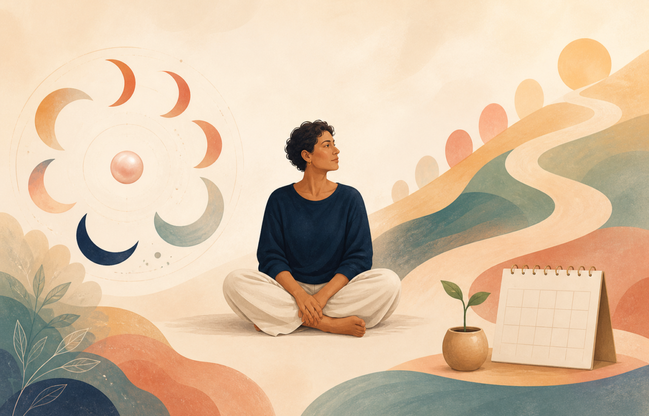 Editorial illustration of an adult between a circular cycle motif and a longer life-stage pathway, with an unmarked calendar and a small sprouting plant.