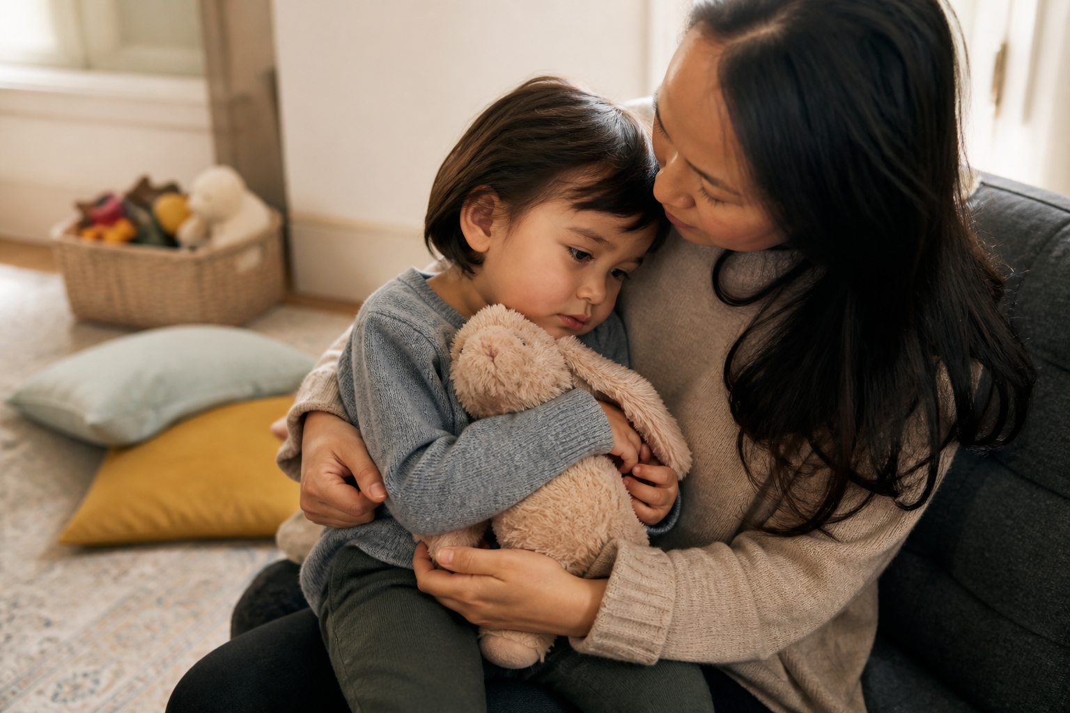 A caregiver gently embraces a disappointed toddler holding a plush animal on a sofa at home.