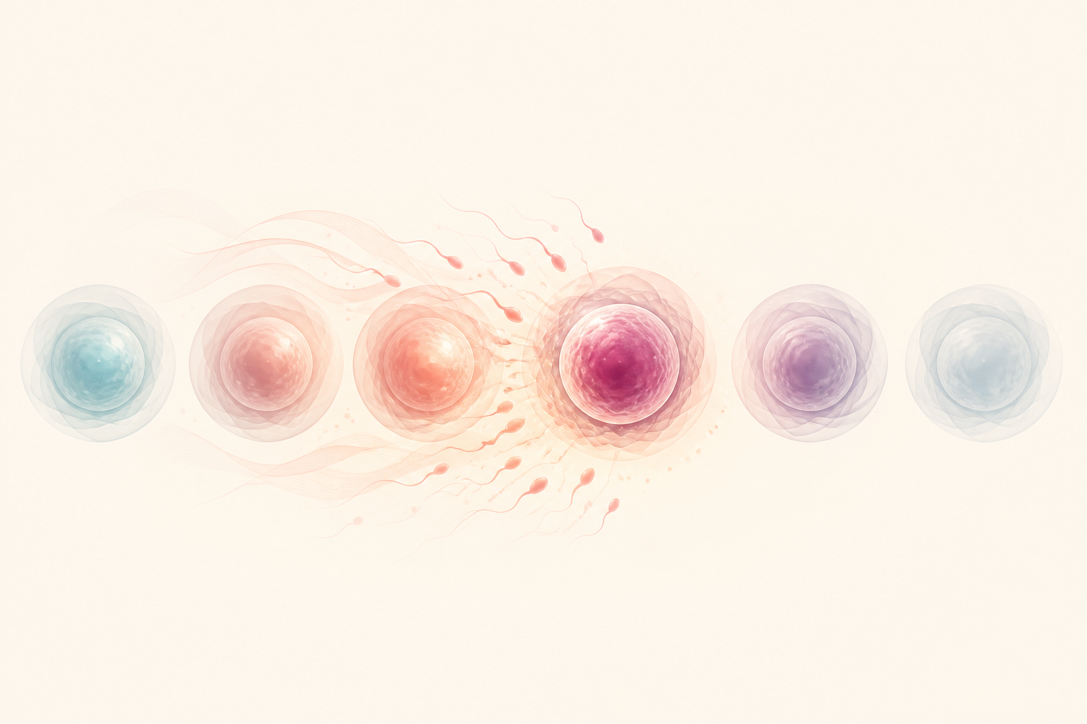 Abstract fertility-window illustration with several illuminated circles before an ovum-like sphere and rapidly fading circles after it.