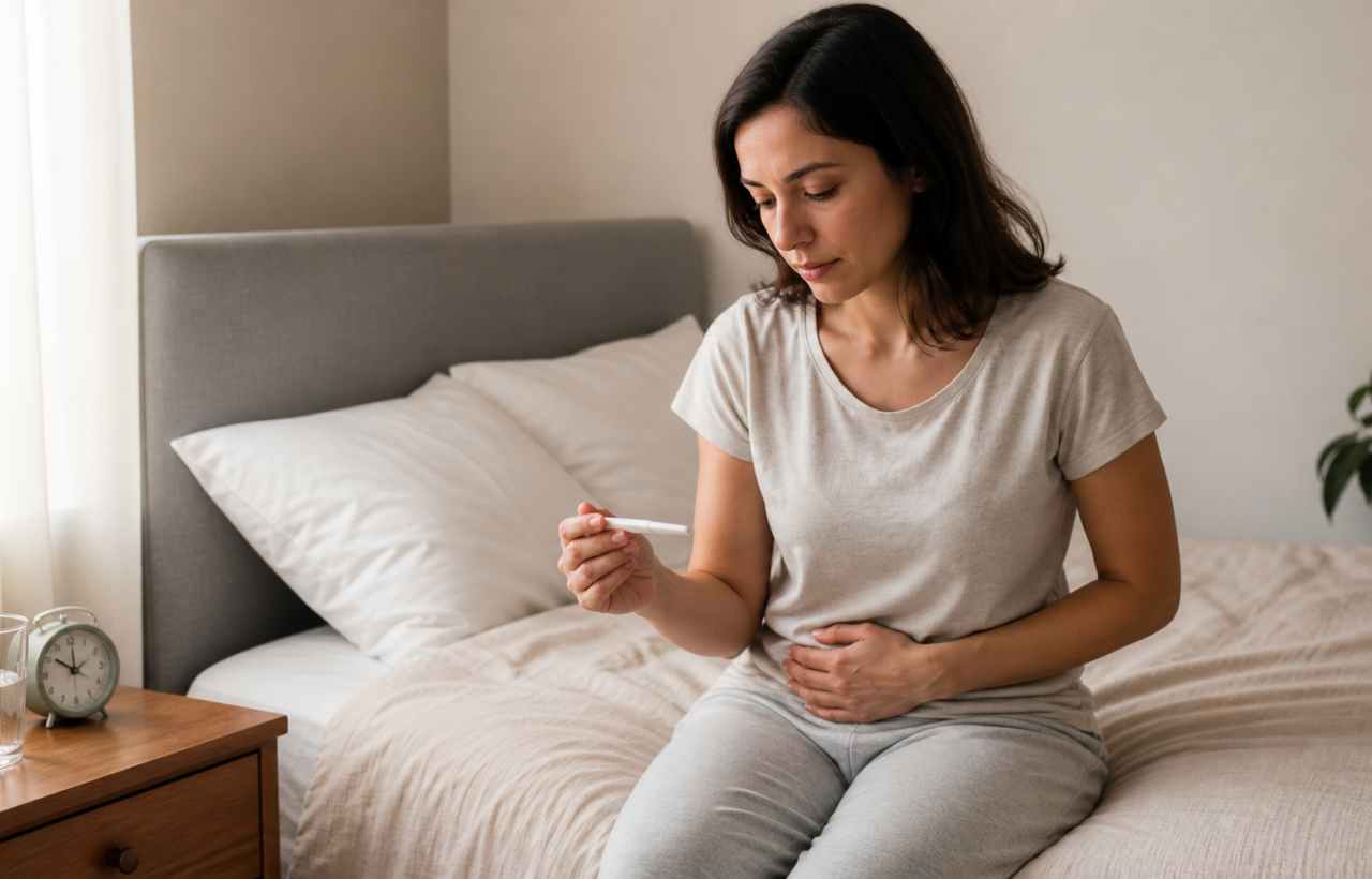 A person sits on the edge of a bed holding a home pregnancy test and resting a hand on their lower abdomen.
