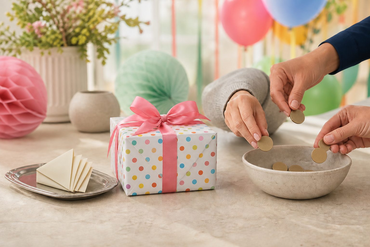 A service tray with money, a wrapped birthday gift, and several hands contributing coins to a bowl are arranged in three groups.