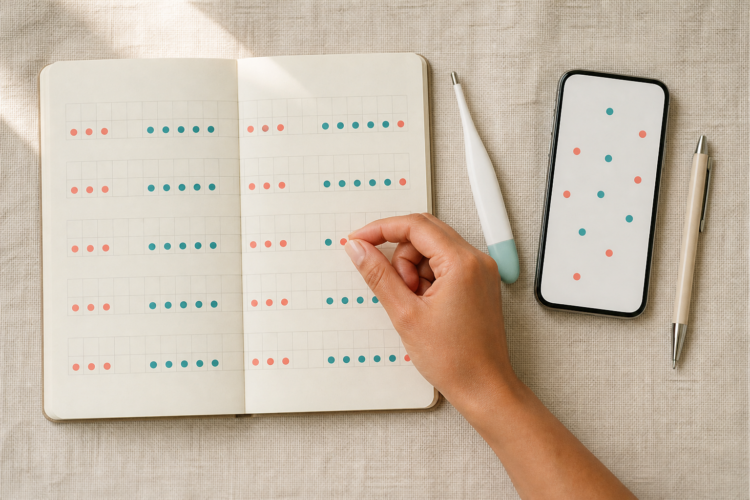 A hand records a colored dot in a notebook beside a basal thermometer and an unbranded phone used for cycle tracking.