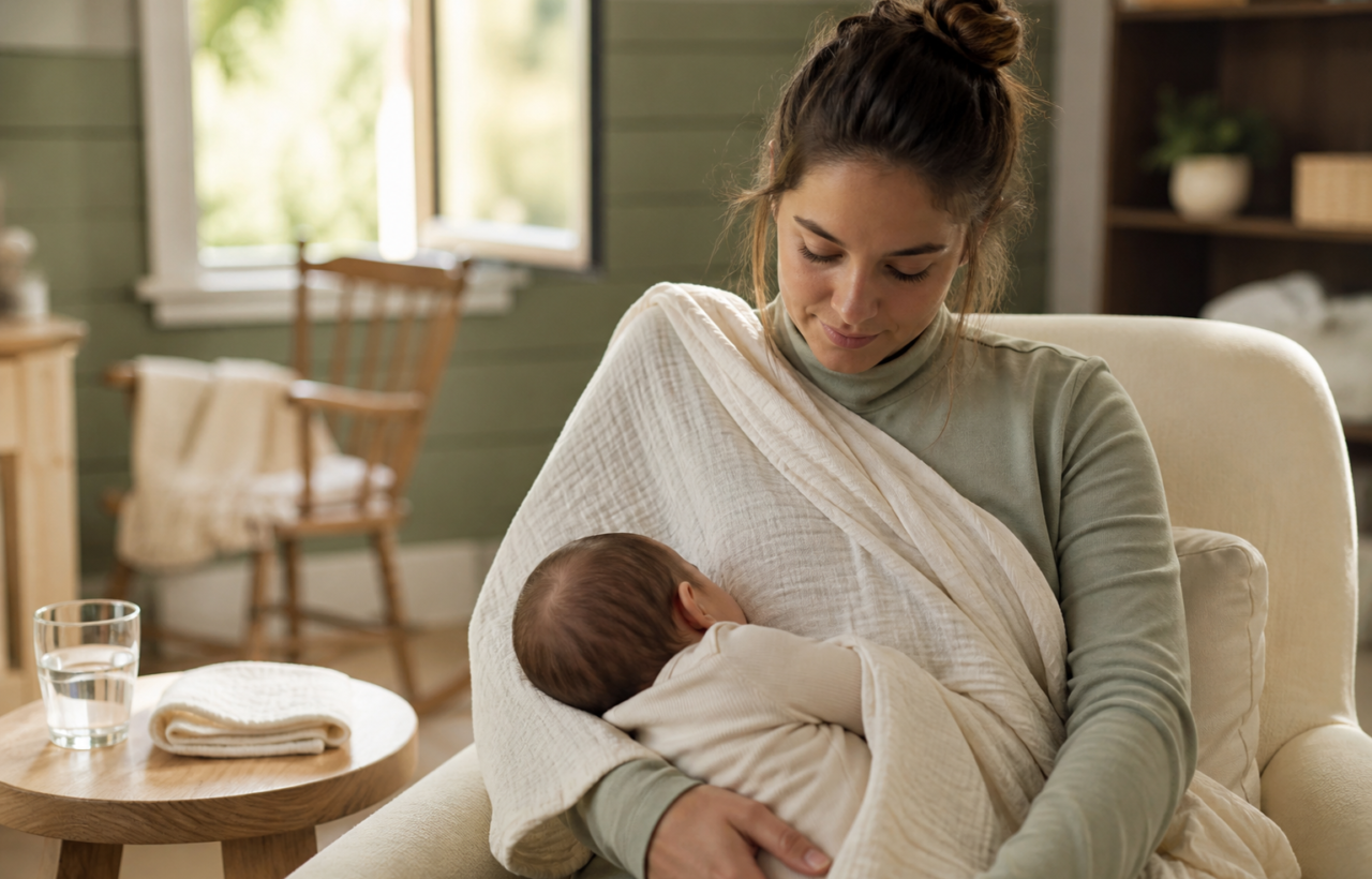 A parent sits in a softly lit nursery and breastfeeds an infant in a relaxed cradle hold.