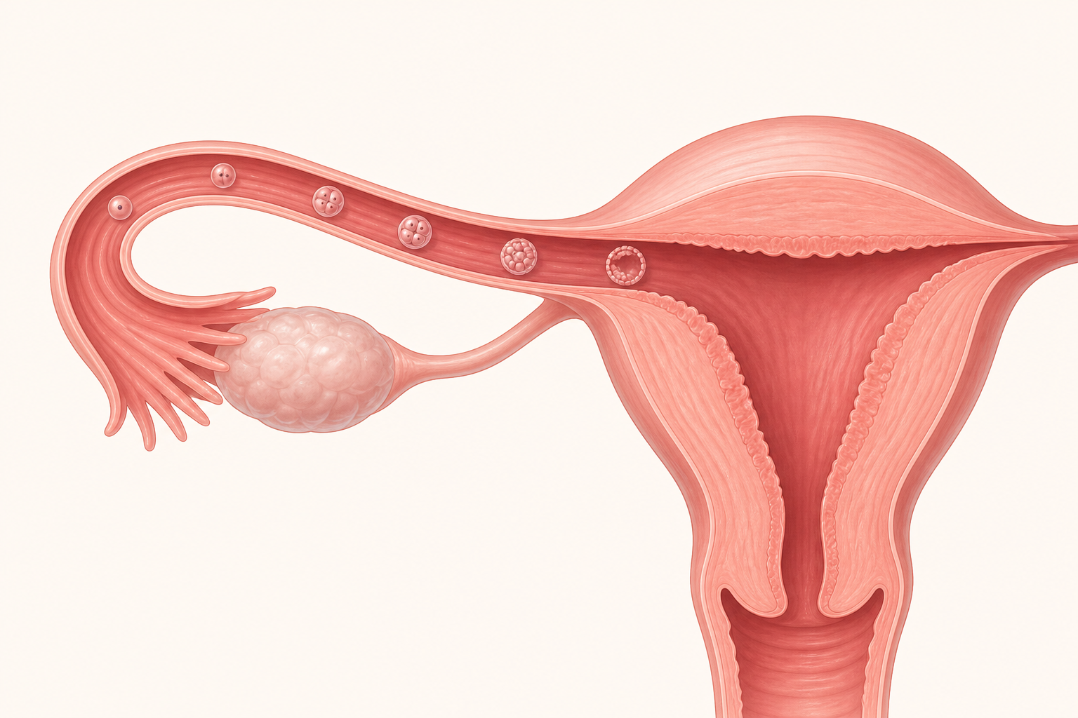 A medical illustration shows a fertilized cell moving through a fallopian tube toward the uterus before implantation.