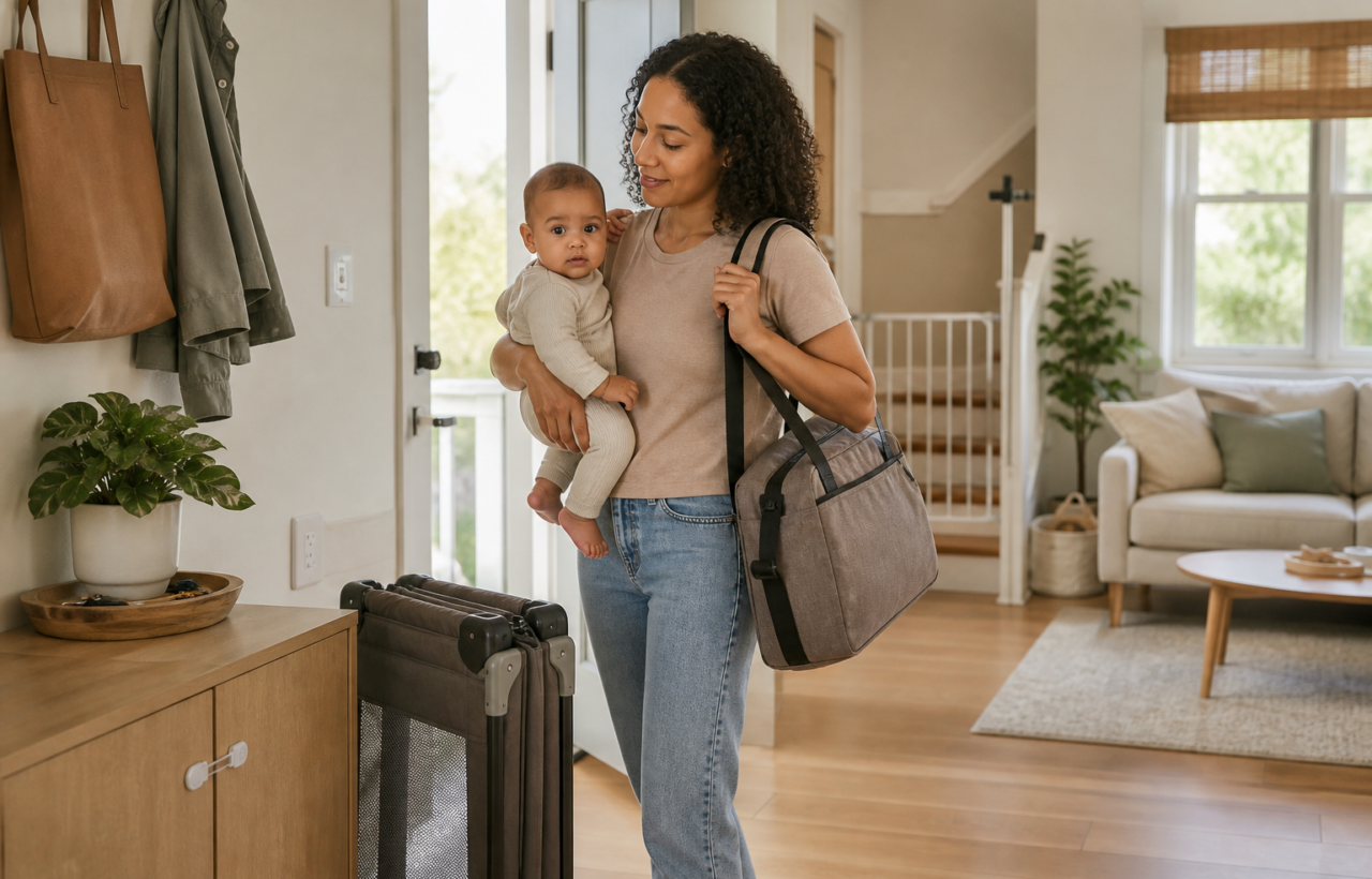 A parent carries a baby beside travel gear in a baby-proofed home with a stair gate and secured cabinets.