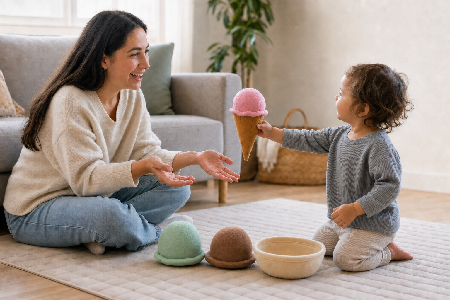 Toddler offers a large felt ice cream cone to a caregiver during relaxed pretend play on a floor mat.