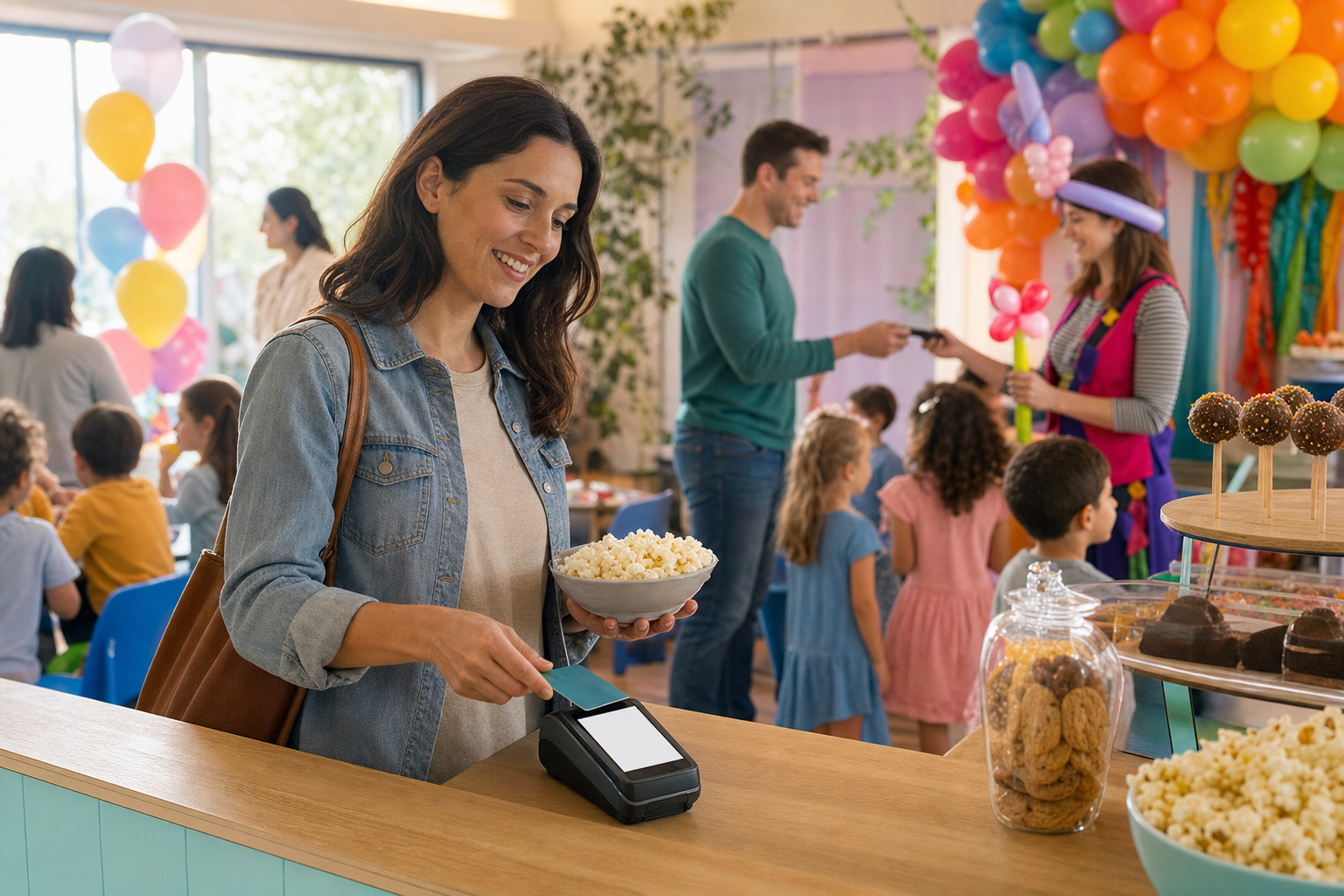 A parent pays for a snack at a party venue while the birthday host handles payment with a balloon artist in the background.