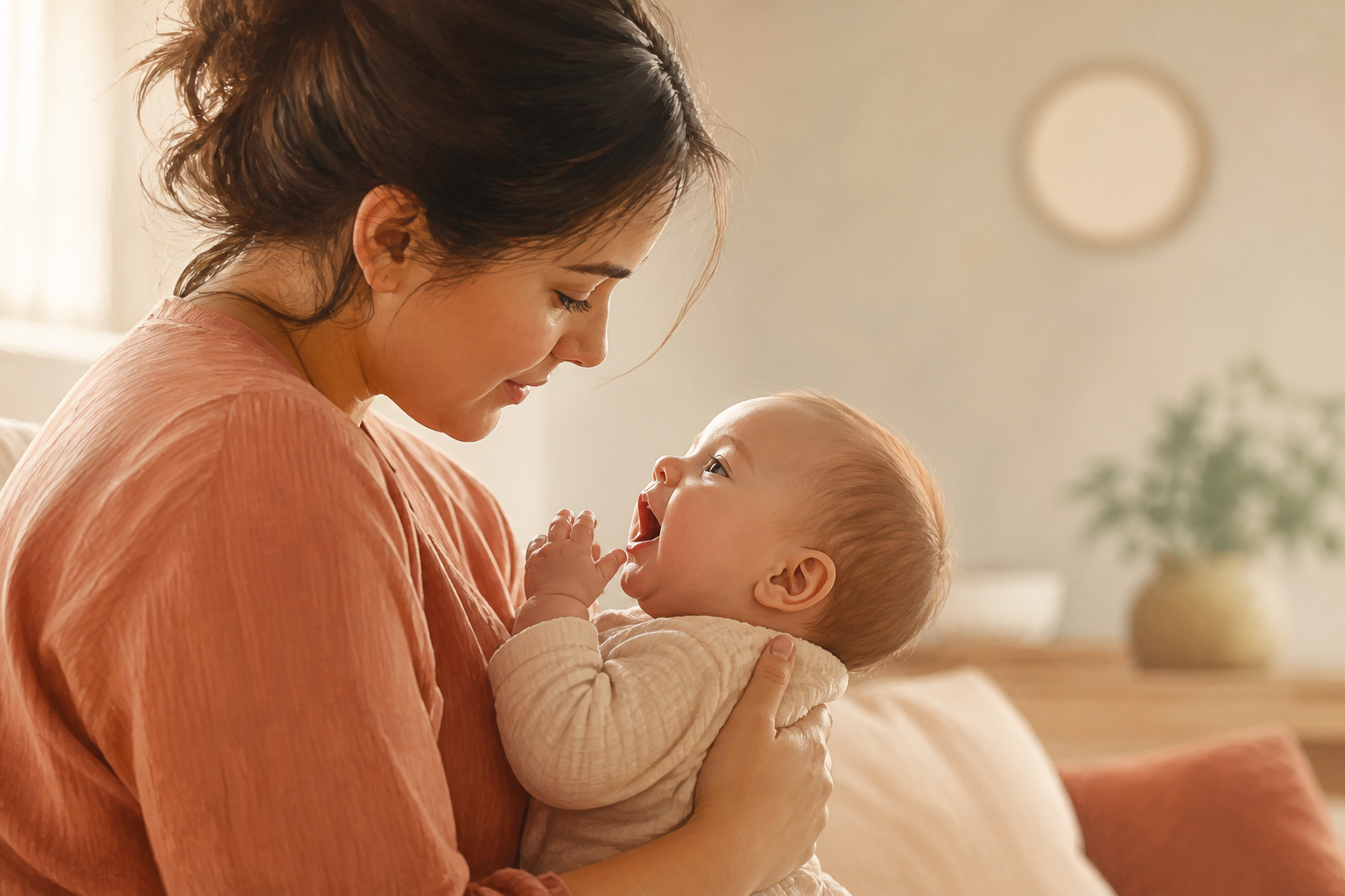 A parent watches an infant showing feeding cues while an unmarked clock remains out of focus in the background.