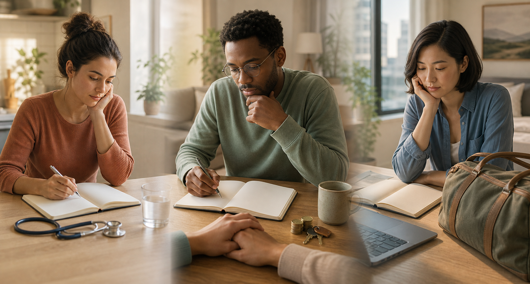 Three adults at different life stages consider blank planners alongside objects representing health, relationships, finances, work, and future plans.