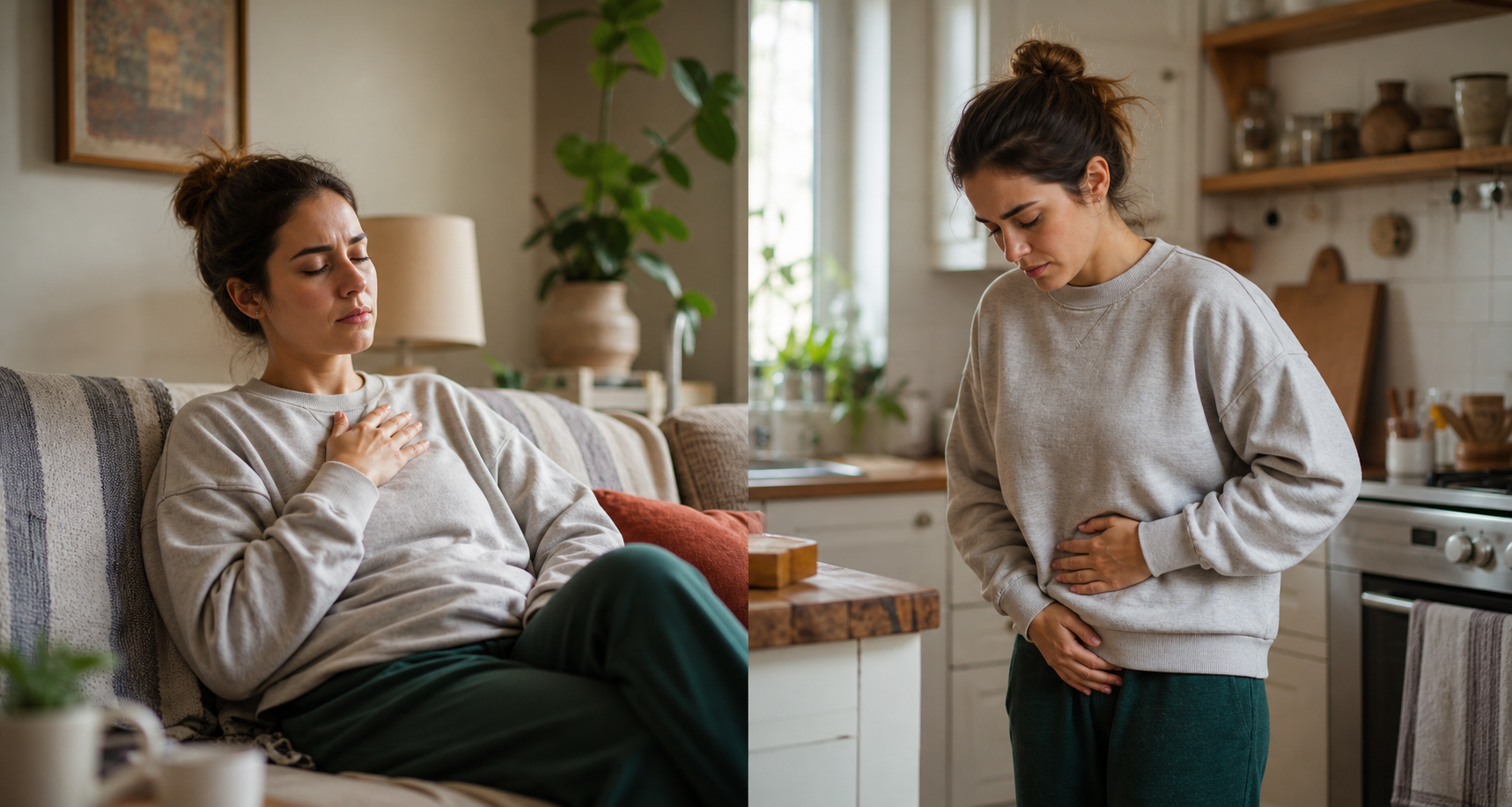 Two scenes show a person experiencing mild fatigue, breast tenderness, and a lower-abdominal cramp at home.