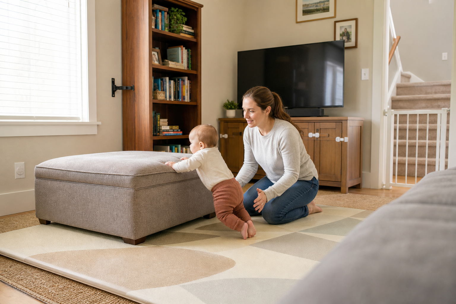 A caregiver watches a crawling baby pull up on an ottoman in a room with anchored furniture, covered outlets, latched cabinets, and a stair gate.