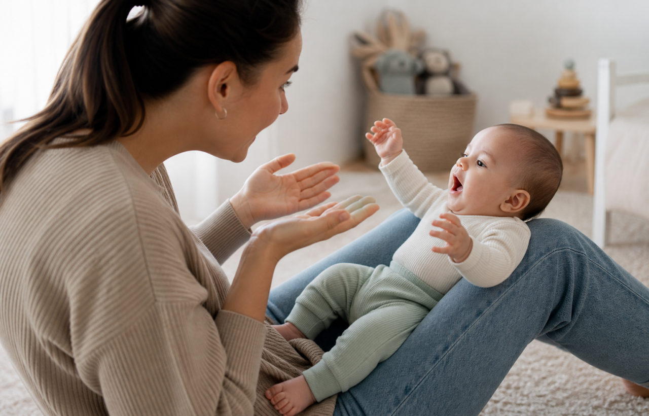 A caregiver watches and responds as a baby raises both arms during face-to-face play on a nursery rug.