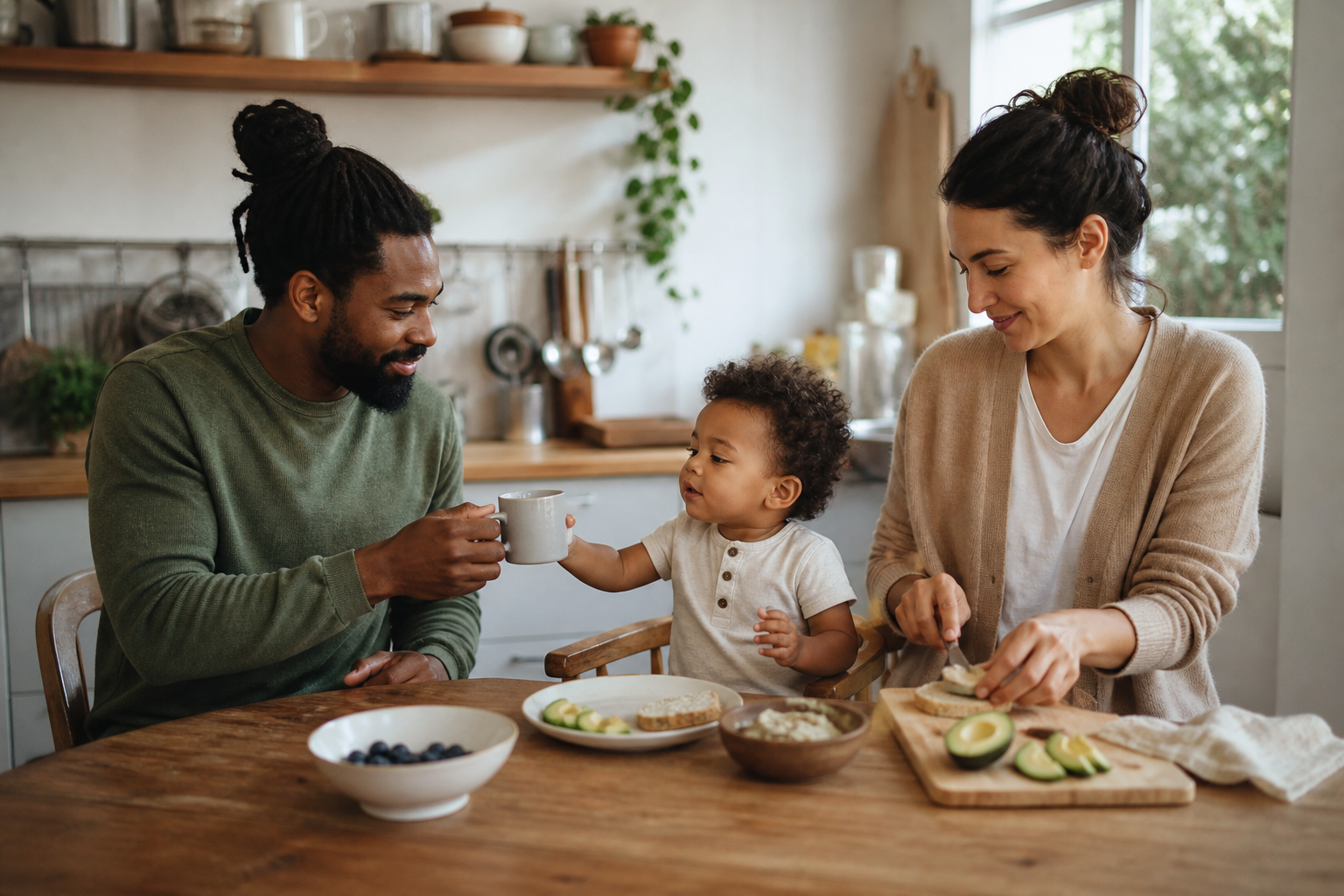 A parent offers a toddler an open cup during a calm snack while another caregiver prepares food nearby.