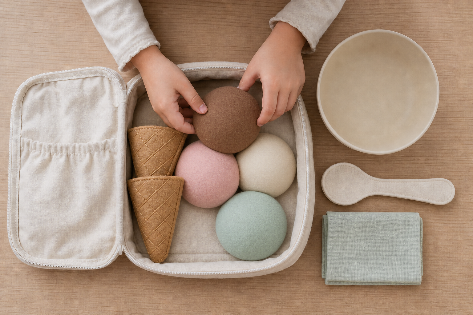 Child's hands pack large felt ice cream pieces into an open fabric pouch for storage and reuse.