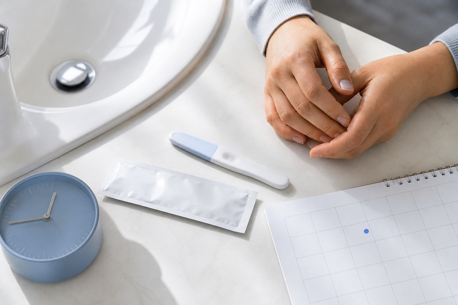Hands wait beside an unbranded home pregnancy test, an analog clock, and a blank calendar marked with a colored dot.