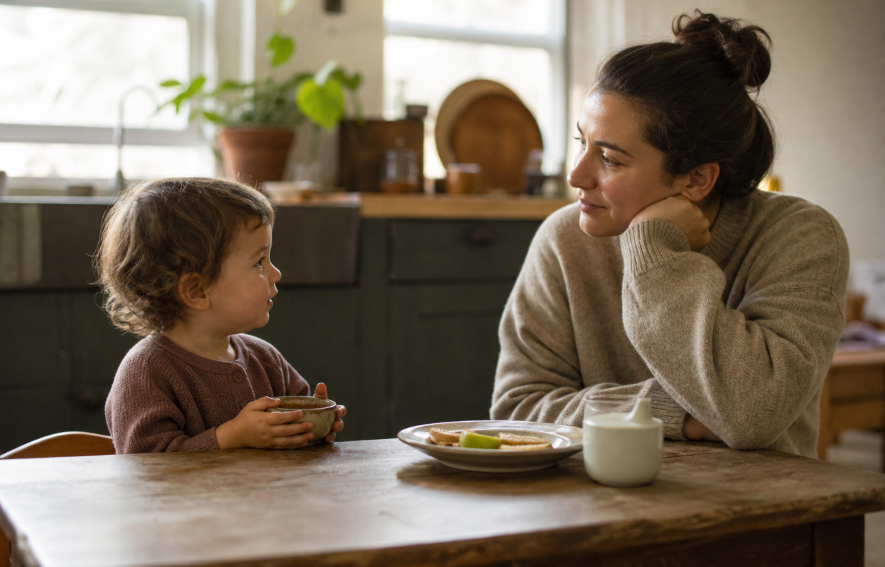 A parent and toddler sit together at a low kitchen table while the child holds a small snack bowl.