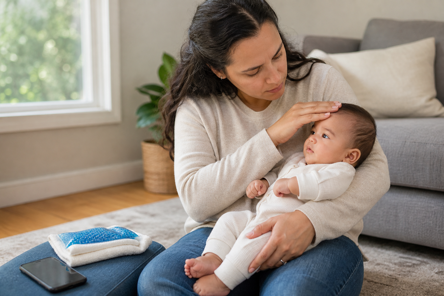 A caregiver gently checks the forehead of an awake baby while a wrapped cold pack and phone sit nearby.