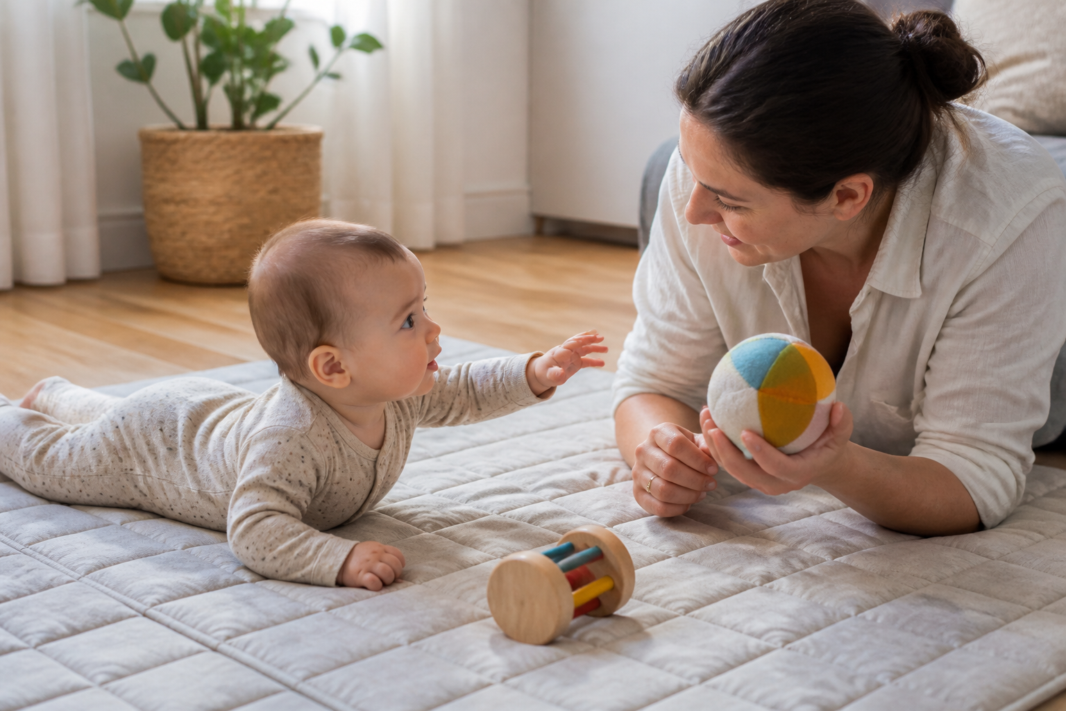 A caregiver pauses with a fabric ball while a baby reaches and looks toward them during floor play.