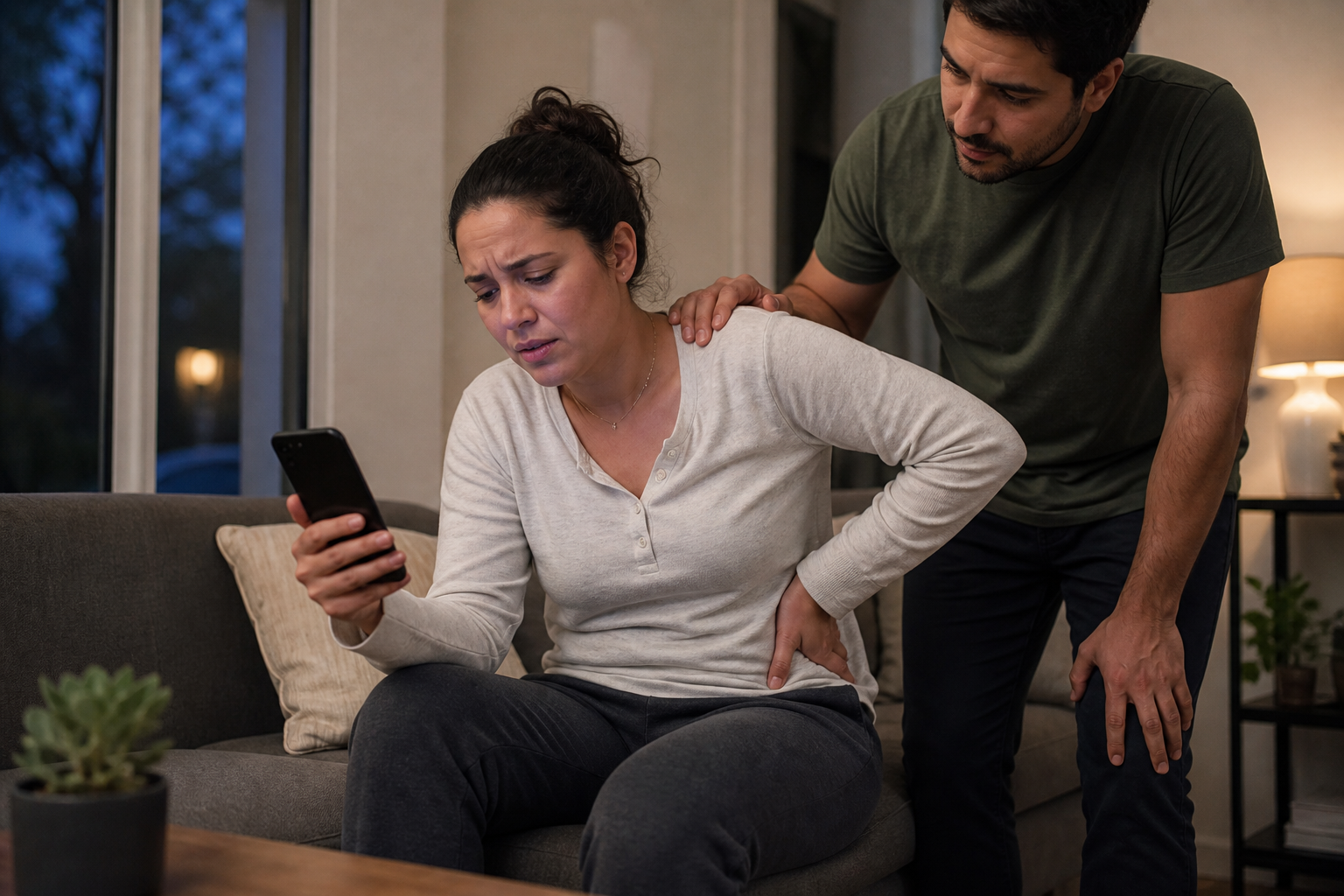 A person with one-sided lower-abdominal pain holds a phone while a supportive partner stands nearby.