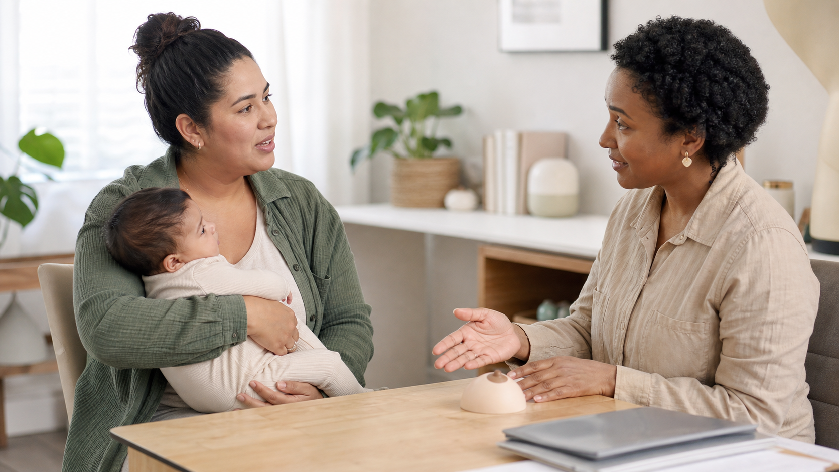 A parent holding an infant speaks with a lactation professional in a bright clinic.