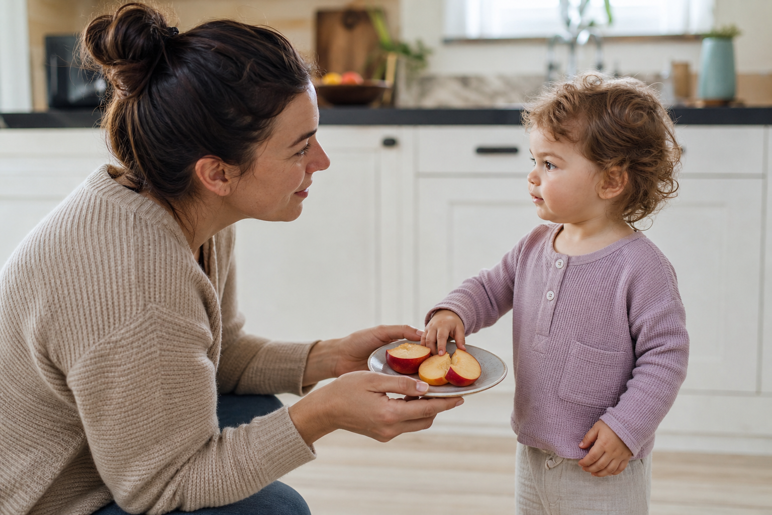 A caregiver kneels beside a toddler who is looking up after receiving a plate with sliced fruit.
