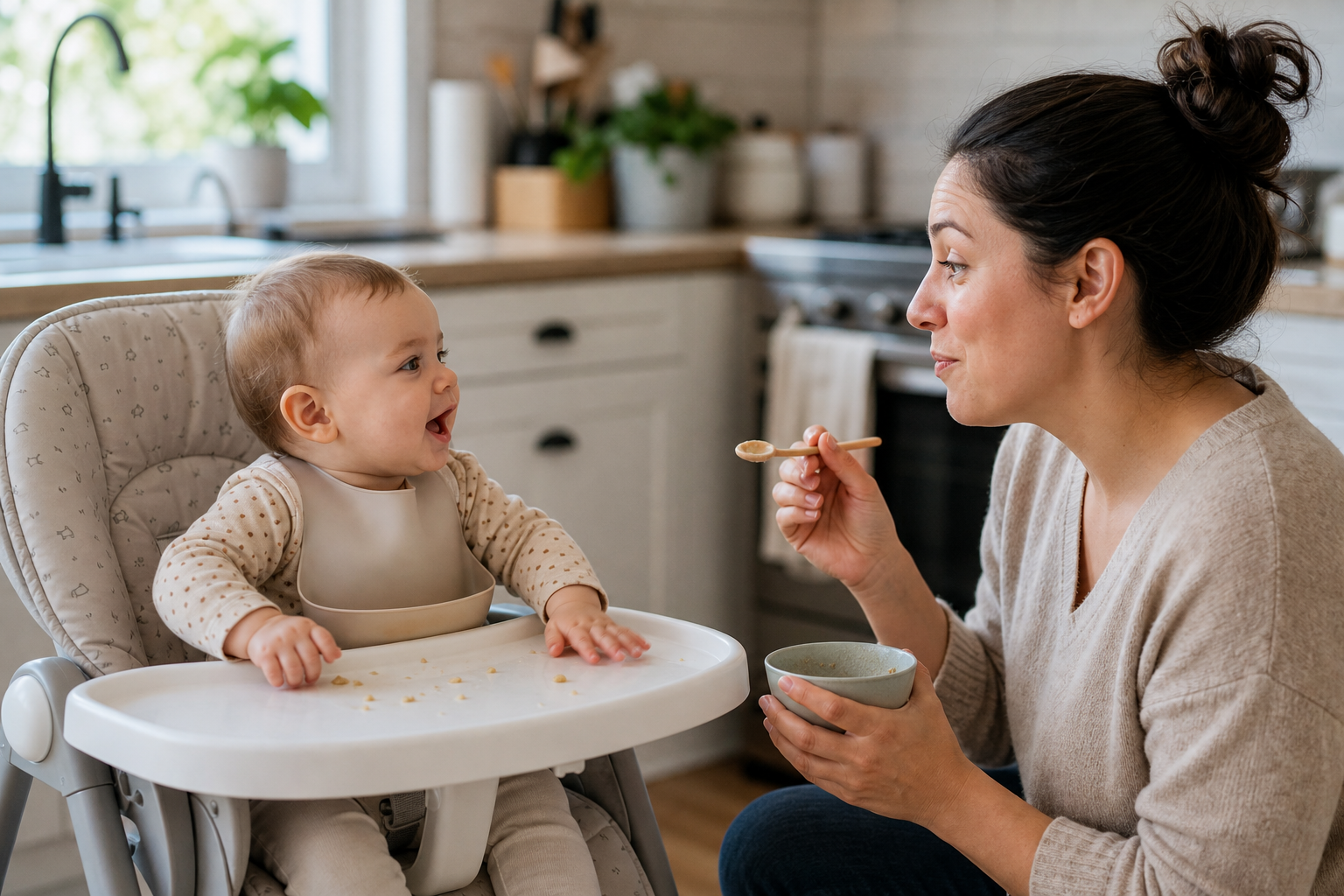 A caregiver pauses during feeding and looks at a baby who is tapping the high-chair tray and vocalizing.