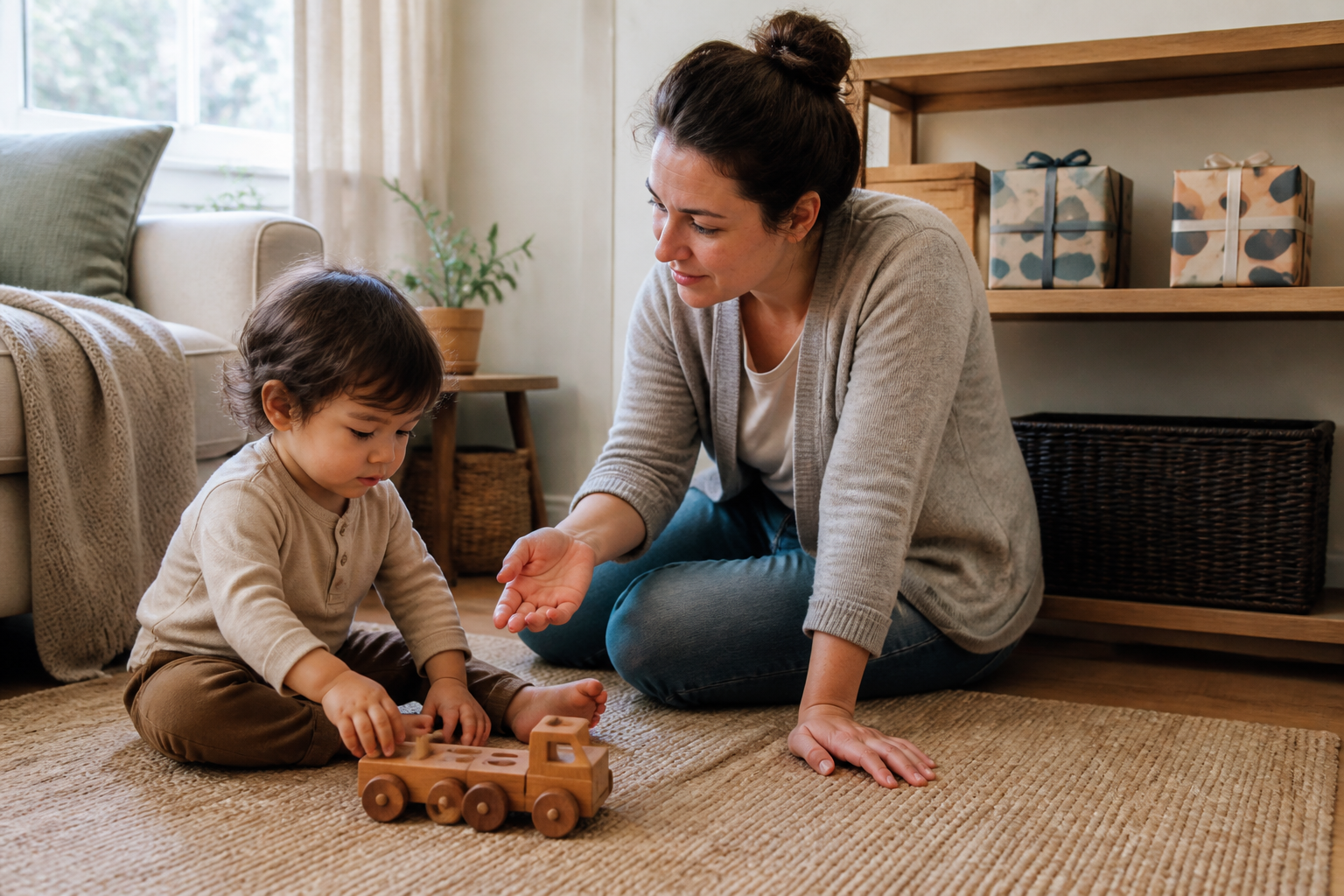 A toddler plays with one opened wooden toy while a caregiver sits nearby and two wrapped gifts remain on a shelf.