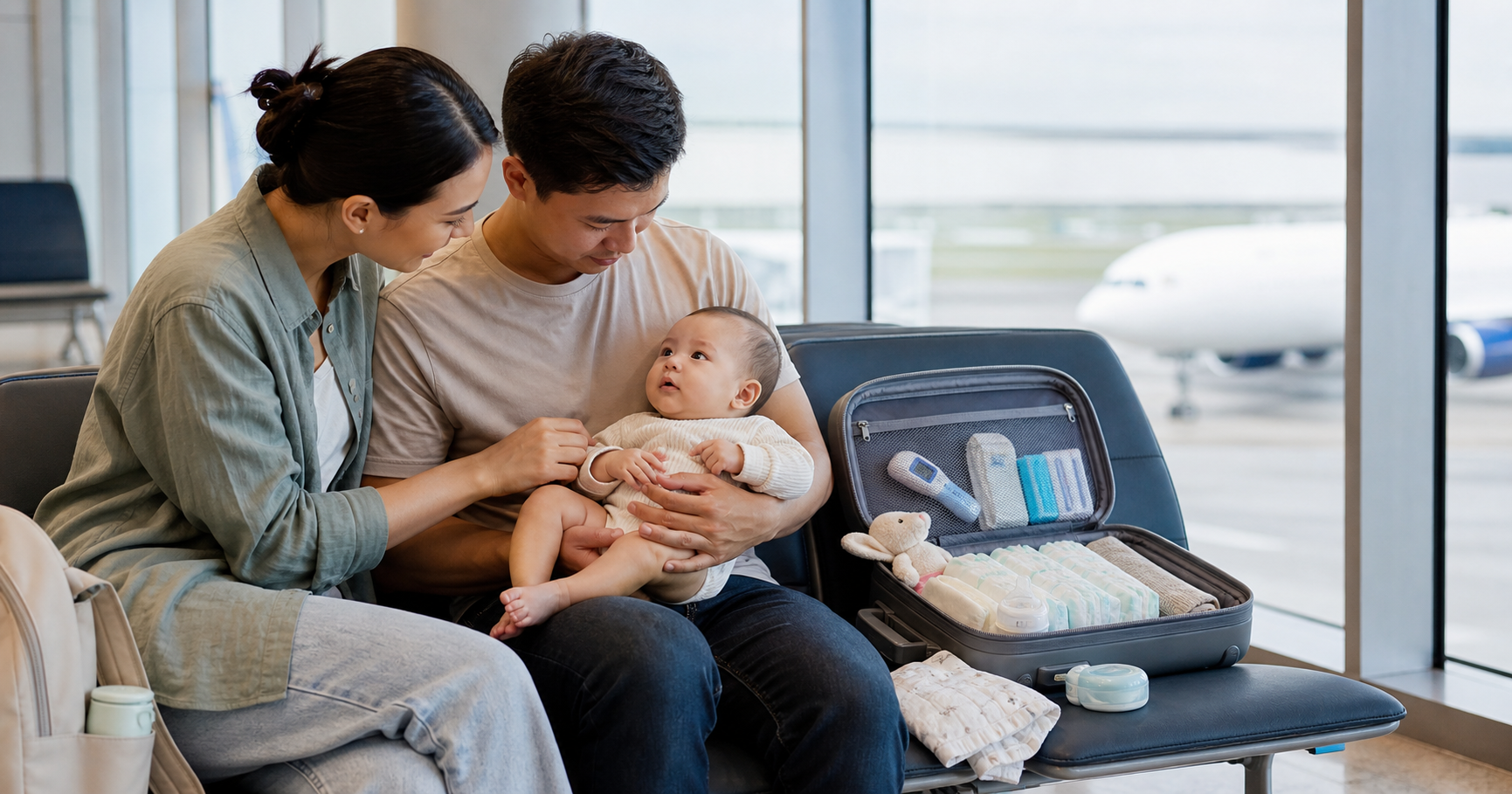 Two caregivers check their baby's comfort beside an organized carry-on in an airport waiting area, with an airplane visible through the windows.