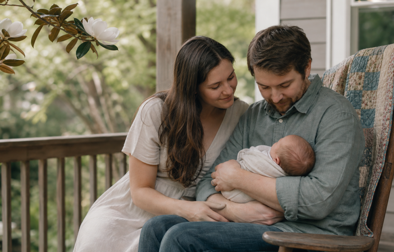 A newborn is cradled by a parent on a shaded porch while the other parent sits nearby, with a quilt and magnolia branch in the scene.