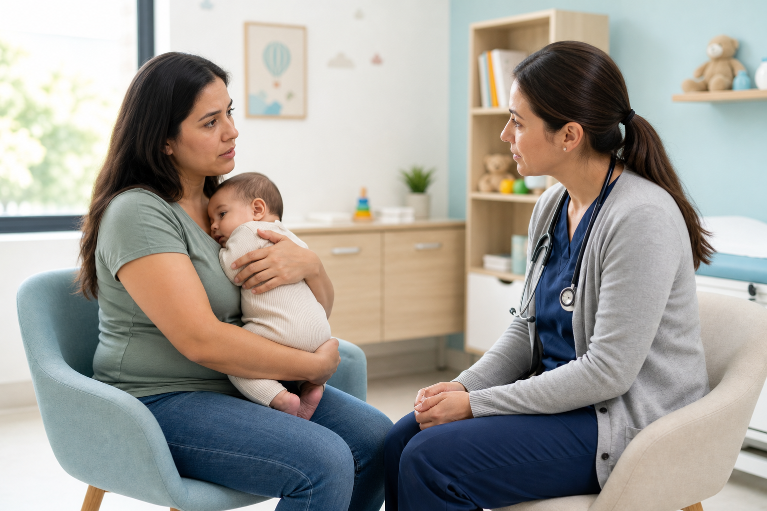 A caregiver holds an infant while discussing a concern with a pediatric clinician in an examination room.