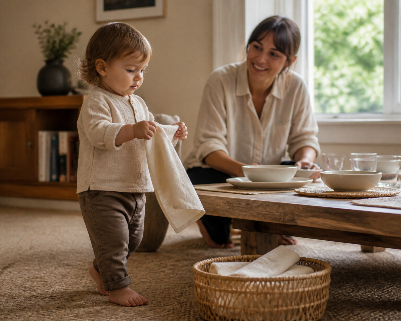 A toddler carries a cloth napkin to a low dining table while a caregiver prepares the table nearby.