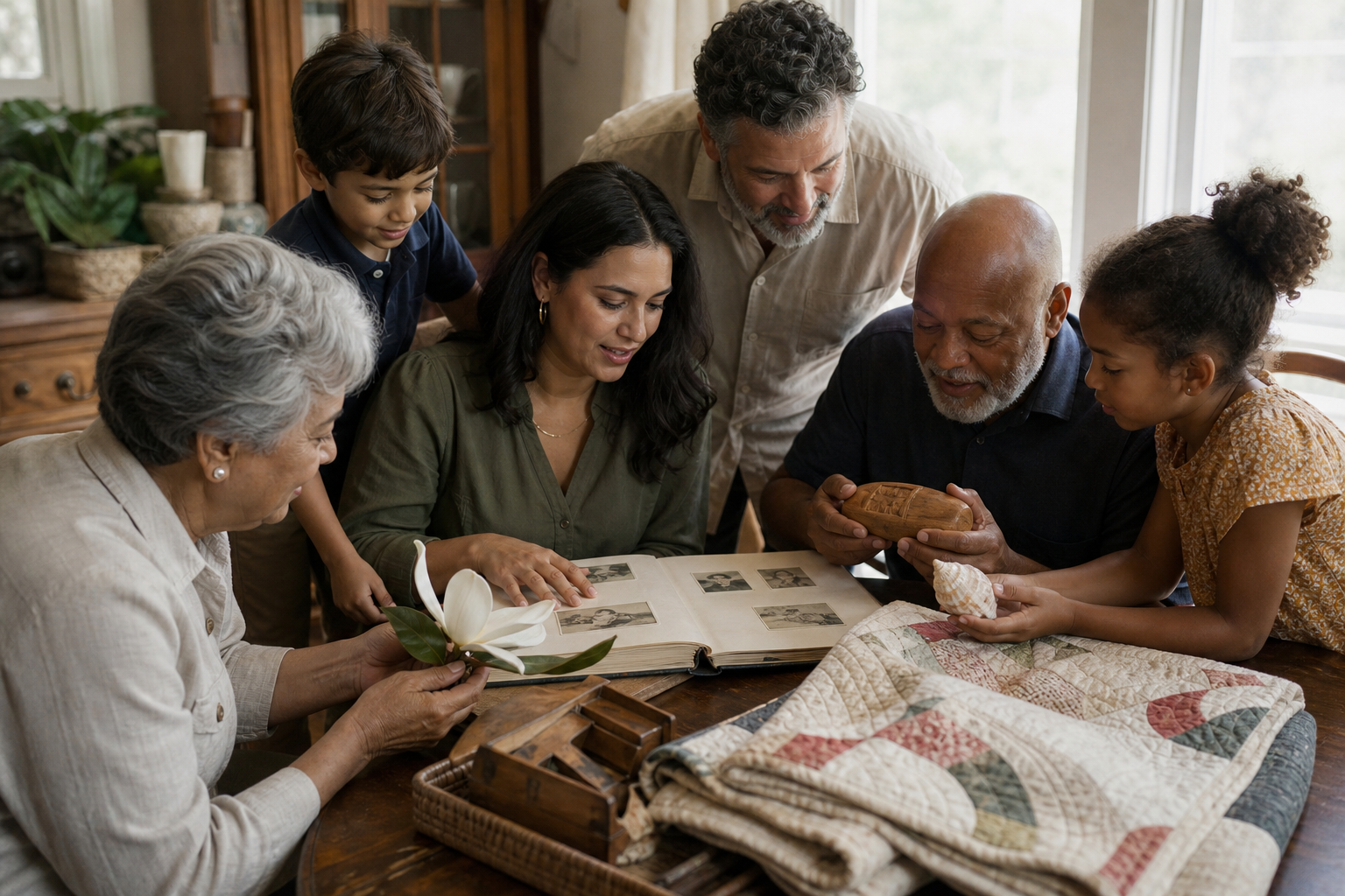 Several generations of a family look through photographs and heirlooms together at a sunlit dining table.