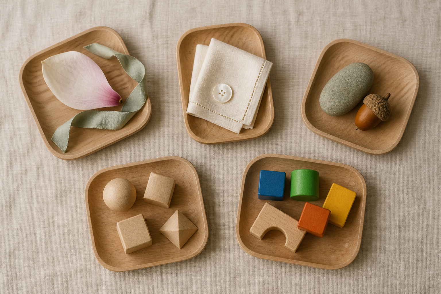 Five unlabeled trays display botanical, traditional, outdoorsy, modern, and playful objects arranged as distinct style groups.