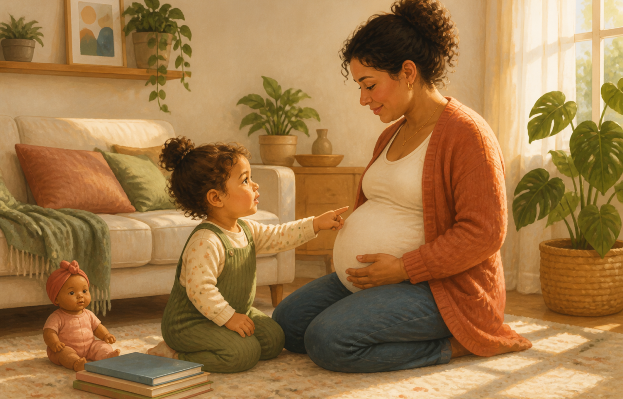 A caregiver kneels at eye level with a toddler who is pointing toward the caregiver's pregnant belly in a sunlit living room.