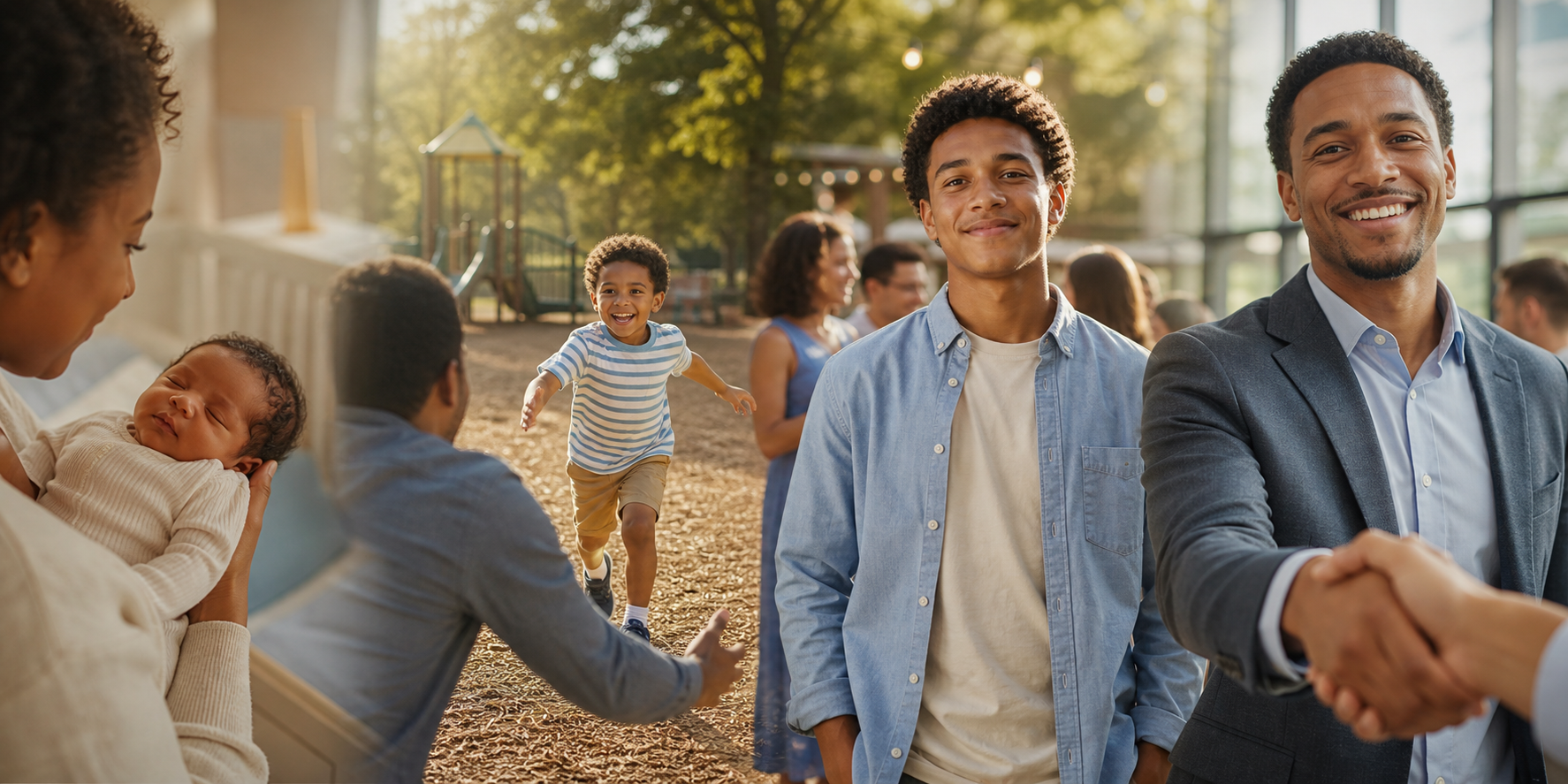 Four connected scenes show one person as a newborn, a school-age child, a teenager, and an adult in everyday settings.