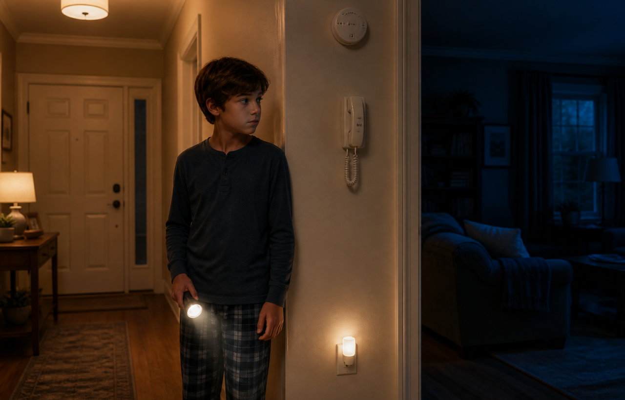 A preteen holding a flashlight stands in a softly lit hallway and looks toward a dark living room at night.