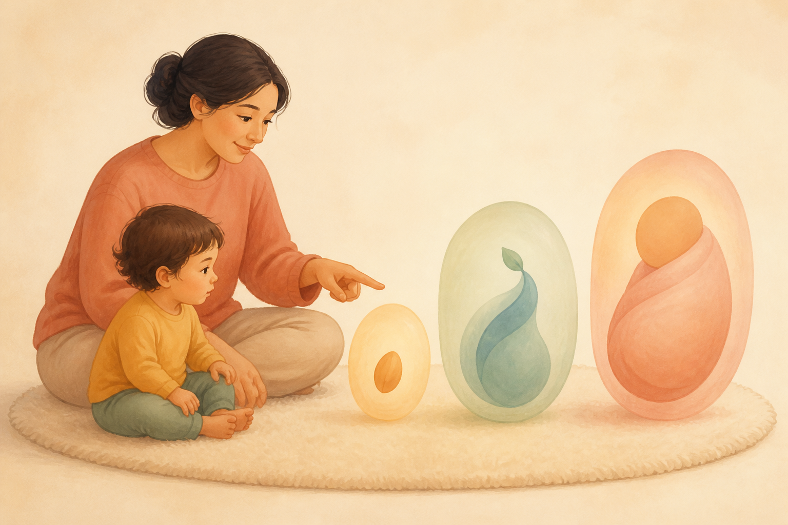 A caregiver and toddler sit beside three nested symbolic shapes that progress toward a swaddled newborn form.
