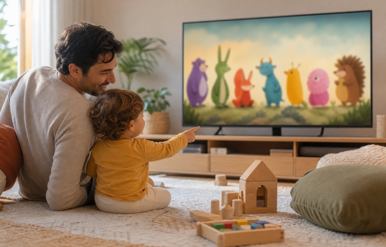 A parent and toddler sit on a living-room rug as the child points toward a television showing blurred, colorful cartoon animal shapes.