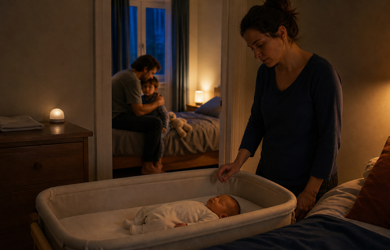 A newborn sleeps on their back in an empty bedside bassinet while a parent comforts an older child in the adjoining bedroom.