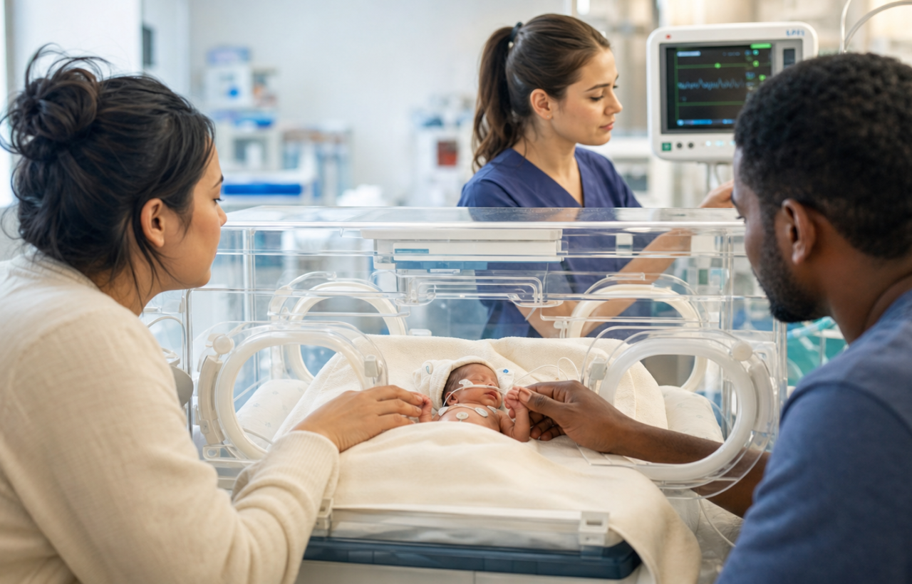 Two parents sit beside a premature baby in a NICU incubator while a neonatal nurse checks the baby's monitoring equipment.