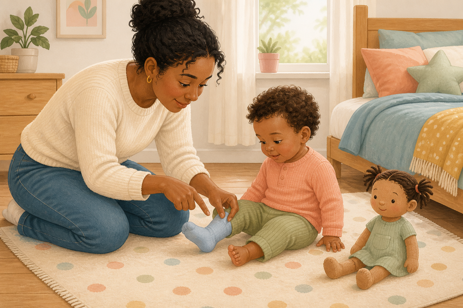 A caregiver helps a toddler put on a sock while a fabric doll sits nearby in a softly lit bedroom.