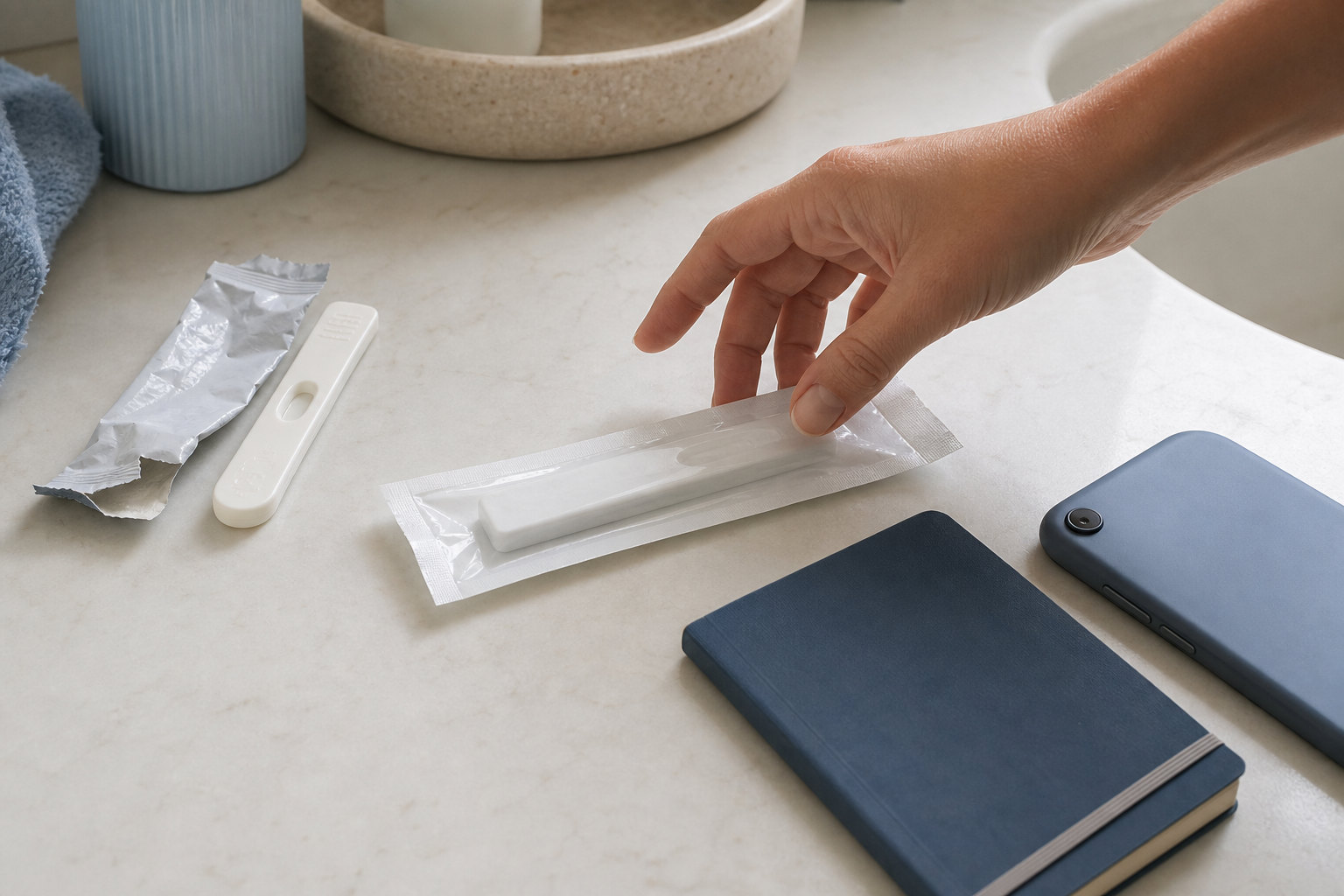 A hand reaches for a fresh sealed pregnancy test while a used test, a phone, and a closed notebook sit on the counter.