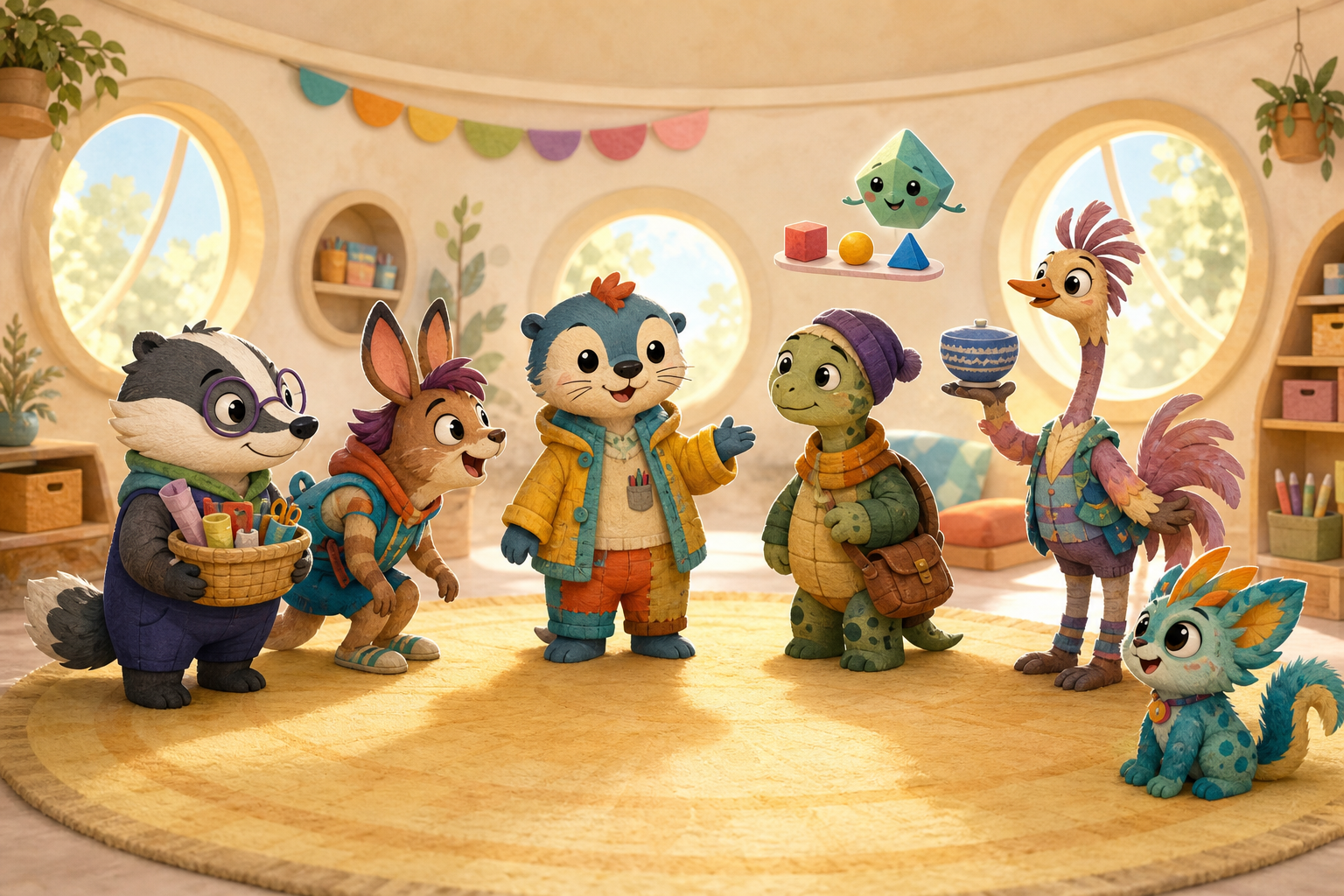 Seven original storybook animal figures gather in a bright playroom, each using props and body language to suggest a different story role.