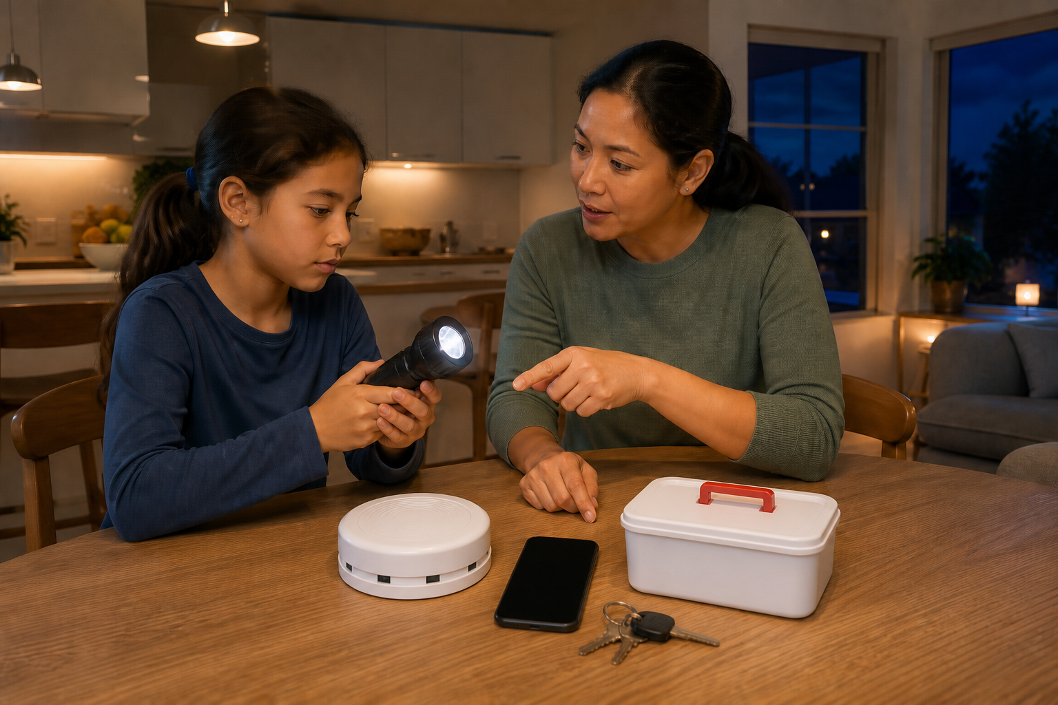 An older child and caregiver practice with a flashlight, phone, first-aid box, smoke detector, and house keys at a kitchen table.