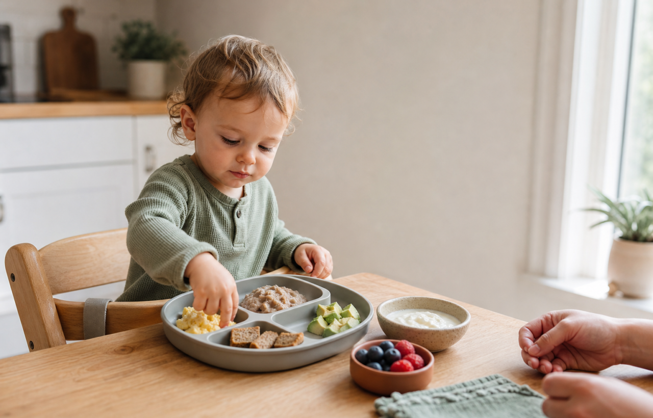 A toddler reaches toward a plate of scrambled egg, mashed beans, toast, and avocado at a bright kitchen table.