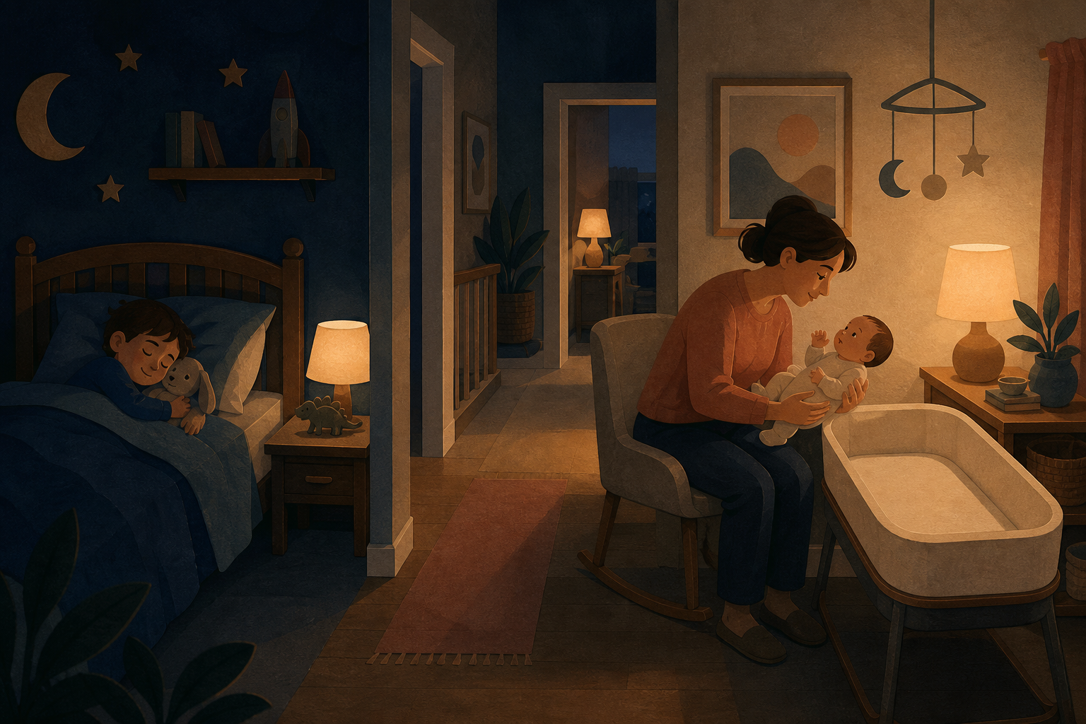 An older child sleeps in one room while a parent tends to an awake newborn beside an empty bassinet in another room.