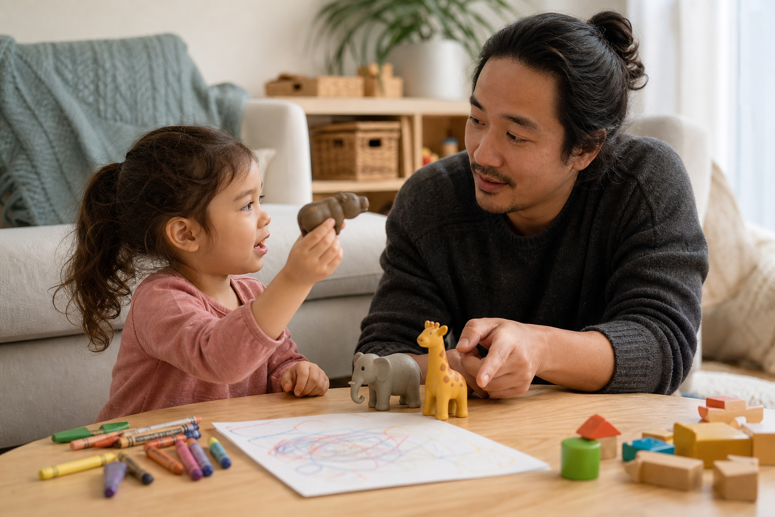 A parent listens to a preschooler who is using original animal figurines to retell a story at a low table.